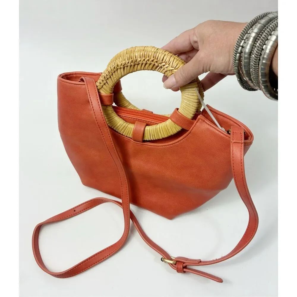 New Anthropologie Vegan Coral Crossbody Rattan Handles with Removable Clutch